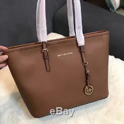 100% Michael Kors Jet Set Travel Saffiano Leather Top Zip Tote Brown Boxed