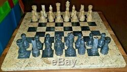 15 fossilstone & black zebra luxury table top chess set plus board storage box
