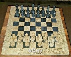 15 fossilstone & black zebra luxury table top chess set plus board storage box