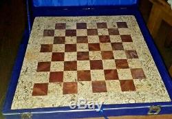 15 fossilstone & red marble luxury table top chess set plus board storage box