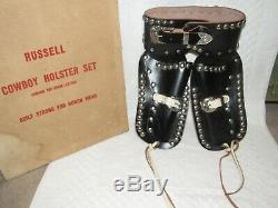 1950s RUSSELL Cowboy Holster Set 97BW Genuine Top Grain LEATHER in Original Box