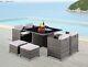 9pcs Cube Garden Patio Set Low Back Chairs Dark Grey Pe Rattan Glass Table Top