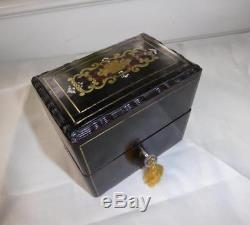 ANTIQUE 1890's PAPIER MACHE PERFUME/COLOGNE BOX SET w KEY STERLING TOPS