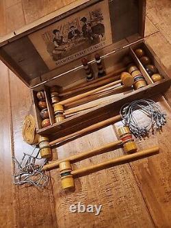 Antique Boxwood Table Top Parlor Croquet Set Wood Box