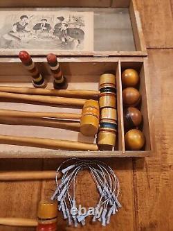 Antique Boxwood Table Top Parlor Croquet Set Wood Box