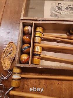 Antique Boxwood Table Top Parlor Croquet Set Wood Box