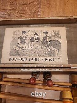 Antique Boxwood Table Top Parlor Croquet Set Wood Box