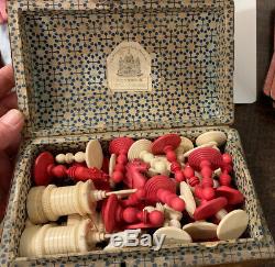 Antique Early 19c Bone Chess Set In 18c Domed Top Leatherette Box