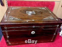 Antique Travelling Grooming Silver Top Set- Rose Wood Box Mother Pearl Inlay1840