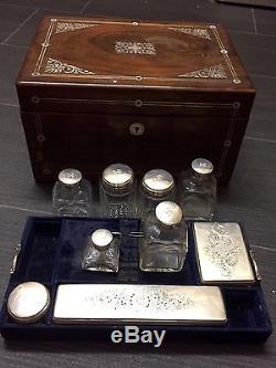 Antique Travelling Grooming Silver Top Set- Rose Wood Box Mother Pearl Inlay1840