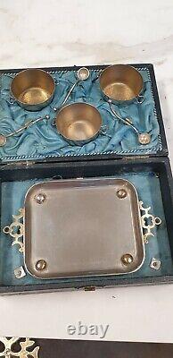 Antique boxed set of 3 table top salts with spoons and butter dish
