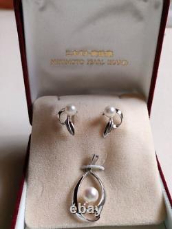 Auth MIKIMOTO Akoya Pearl Earrings & Pendant Top Silver Set of In Box Mint Japan