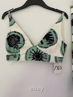 BNWT Zara White Green Box Pleat Skirt Size M & Matching Crop Top Size S Coord