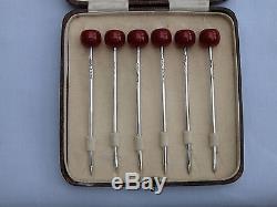 Boxed Set 6 X Red Bakelite Cherry Top + Solid Silver Cocktail Sticks 1927