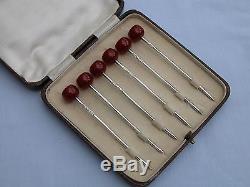 Boxed Set 6 X Red Bakelite Cherry Top + Solid Silver Cocktail Sticks 1927
