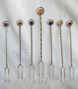 Boxed Set of Seven Amber Topped Silver Pickle Fork / Forks c 1920s