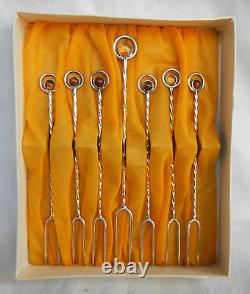 Boxed Set of Seven Amber Topped Silver Pickle Fork / Forks c 1920s