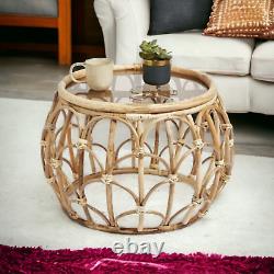 Evelyn Rattan Bamboo Glass Top Coffee Table. Matching Wooden Side Table & Shelf