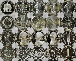 France 1979 Set 10 Silver Piefort Coins Paris NGC PF67-69 Low Mint. Box Top Pop