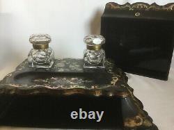 Gorgeous Antique Desk Top Set Double INKWELL Ca 1840 INLAID Abalone Box MOP