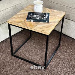 Herringbone Nesting Side Tables Set Of 3 Square Solid Wood Top Black Metal Legs