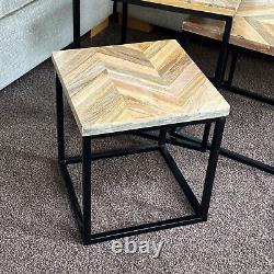 Herringbone Nesting Side Tables Set Of 3 Square Solid Wood Top Black Metal Legs