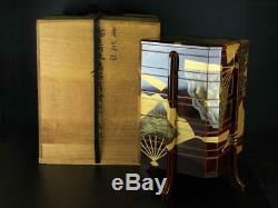 Japan antique folding fan TABLE TOP LACQUER BOX 5 CABINET gift set vintage makie