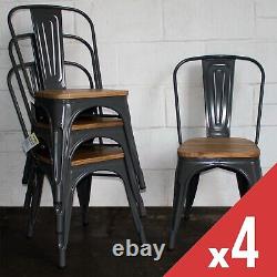 Metal Chair Set Of 4 Wood Top Stacking Dining Indoor Outdoor Graphite Grey Seat