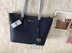 Michael Kors 100% Jet Set Travel Saffiano Leather Top Zip Tote Navy Boxed