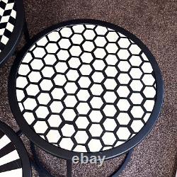 Monochrome Aztec Tables Set Of 3 Round Patterned Table Top Black Frame Furniture