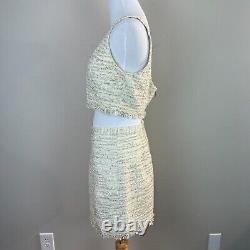 NBD Tweed Set M Blair Mini Skirt Shawna Crop Top Ivory Metallic Gold Fringe Zip