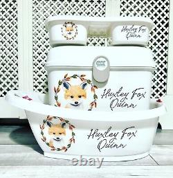 Personalised Baby Box, Baby Bath and top tail tray fox design