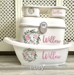 Personalised Baby Box, Bath and top tail tray Pink Elephant
