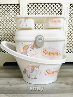 Personalised Shnuggle Baby Bath, Baby Box, top and tail tray Unicorn