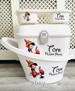 Personalised Shnuggle Baby Bath, Baby Box, top and tail tray pinocchio