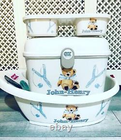 Personalised Shnuggle Baby Bath, Baby Box, top and tail tray slingshot