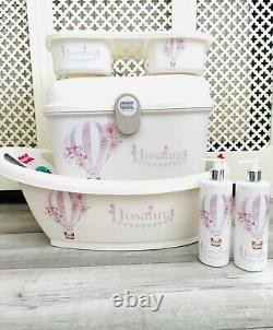 Personalised Shnuggle Baby Bath, Baby Box, top, tray Pink balloon nappy bin