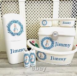 Personalised Shnuggle Baby Bath, Baby Box, top, tray peter rabbit nappy bin