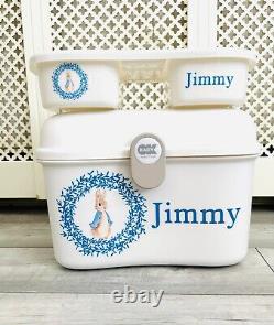 Personalised Shnuggle Baby Bath, Baby Box, top, tray peter rabbit nappy bin