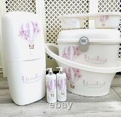 Personalised Shnuggle Baby Bath, Baby Box, top, tray pink balloon nappy bin