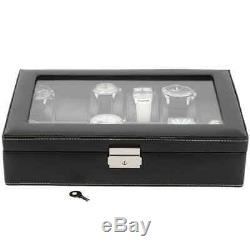 SALE (Set of 10 Watch Boxes) 12 Watch Box Storage Case Black Leather Glass Top