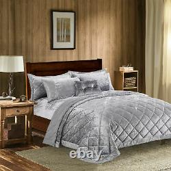Super soft Crushed Velvet Quilted Bedspread Throw 3 Piece Luxury Bedding Set