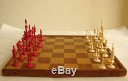 TOP 19th Cent. Bone chess set red /white incl box Selenus Germany King 11 cm