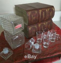 Table Top Bar Set 2 Glass Decanters 6 Glasses Faux Book Box Container