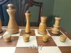 VTG MCM Chess Pieces Set Slide Top Box Carved Turned Wood Handmade 5 King OOAK