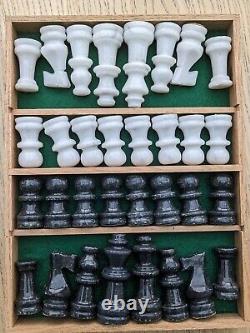 Vintage Games Compendium In Wooden Box. Chessboard Top. Alabaster Chess Set