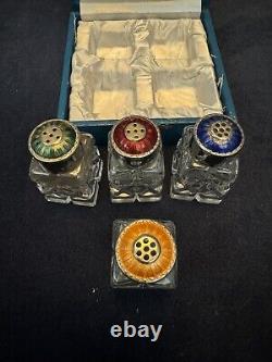 Vintage W&S Blackinton Silver Plate Glass 4-Piece Enamel Top Cruet Set Boxed