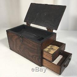 Writing Box With 2 Ink Wells Antique Asian Primitive Flip Top 2 Drawers Rustic