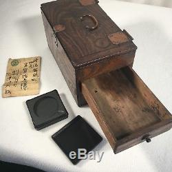 Writing Box With 2 Ink Wells Antique Asian Primitive Flip Top 2 Drawers Rustic